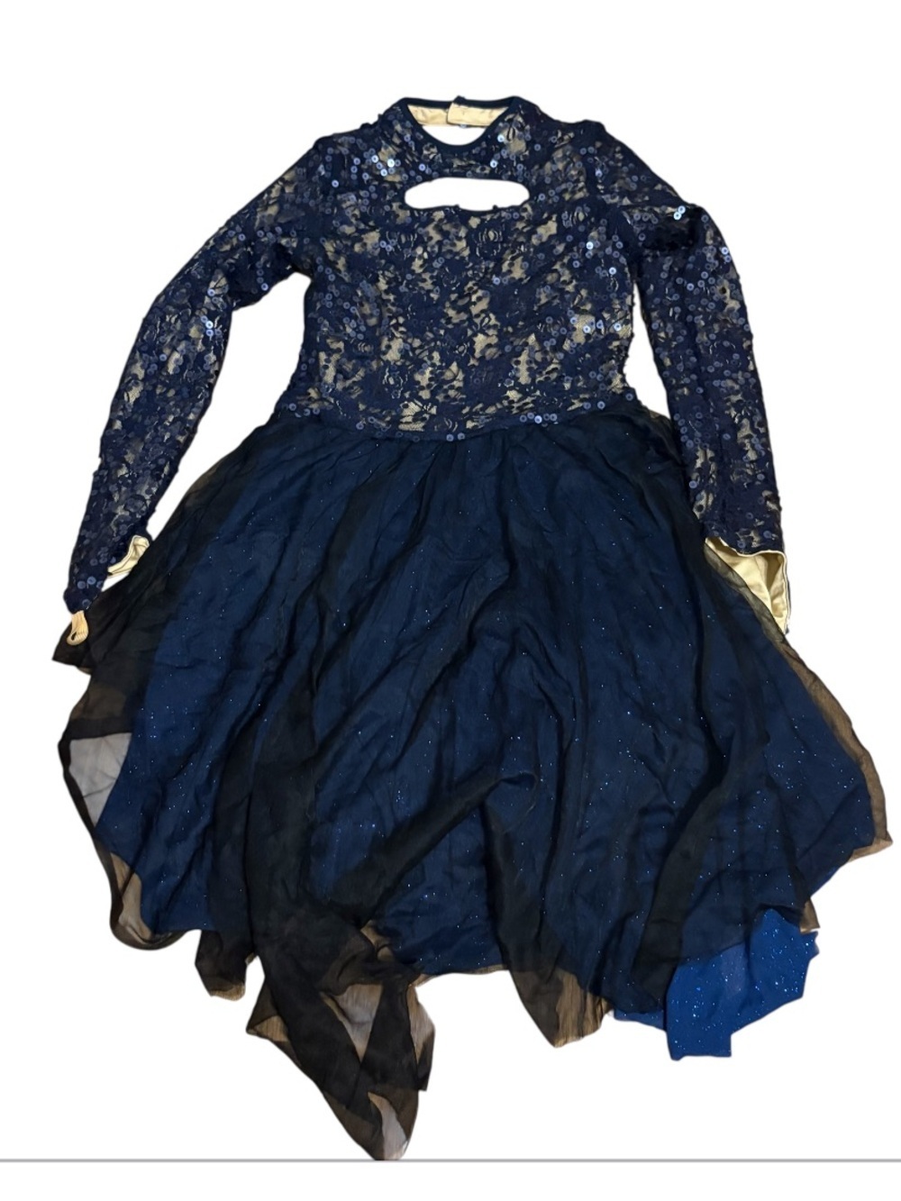 Revolution Dancewear Lace Sparkle Asymmetrical Dress Costume Solo Sz MA Blue
